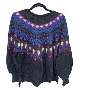Time and Tru Sweater Womens Large Black Eyelash‎ Fair Isle Side Slit Long Sleeve